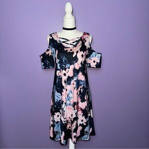 NEW Boutique Blue and Pink Floral Cold Shoulder Dress